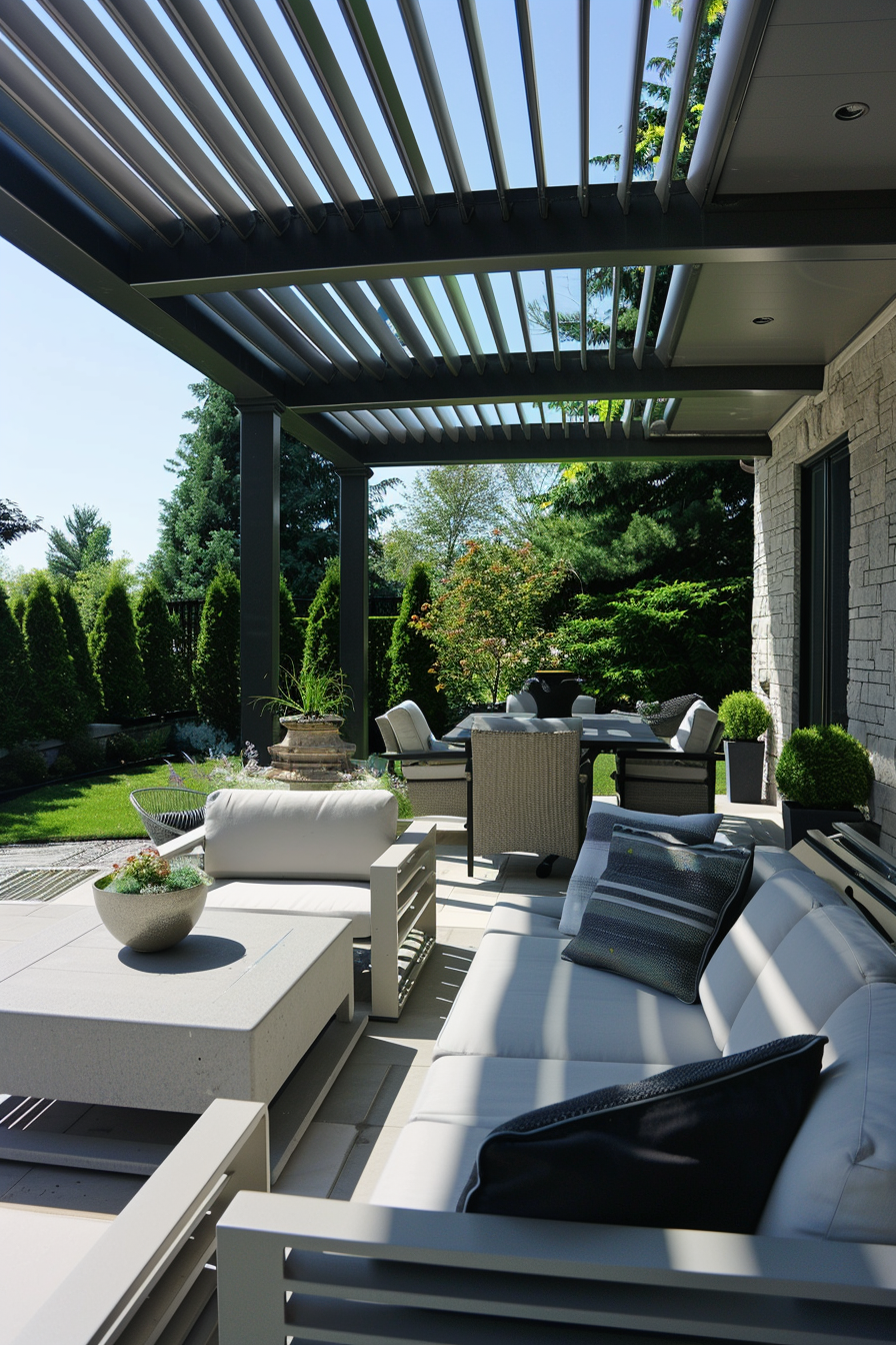 ALT: Modern outdoor patio with lounging furniture under a pergola, surrounded by manicured greenery on a sunny day.