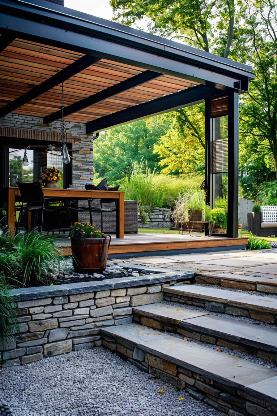 Elegant outdoor patio area with modern furniture and stone steps surrounded by lush greenery and landscape design.