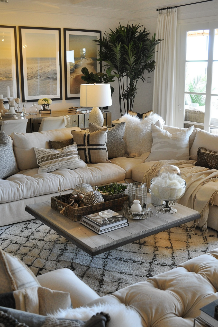 ALT text: A cozy living room with an L-shaped sofa adorned with cushions, a central coffee table, decorative plants, and framed beach photographs.