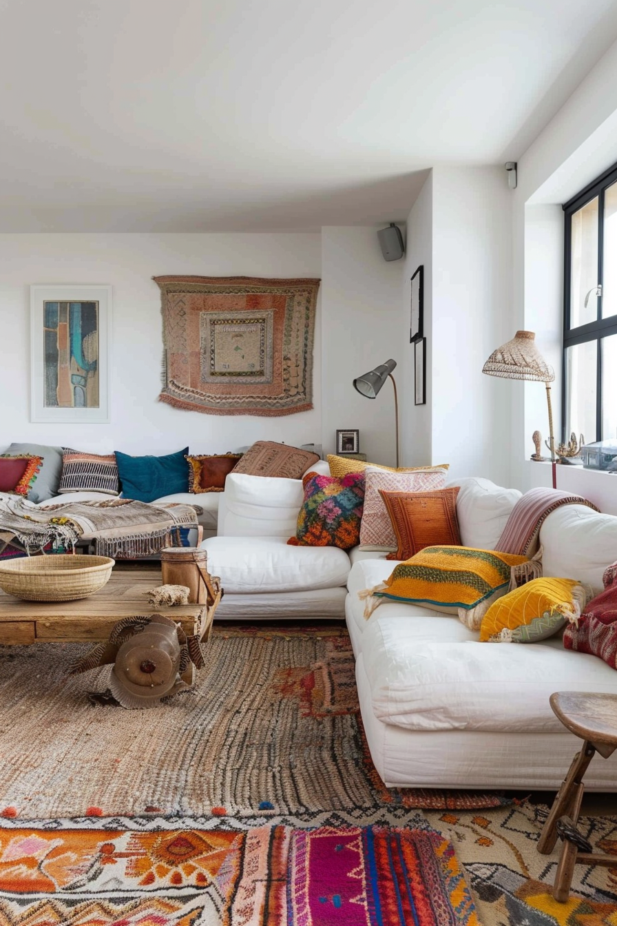 Cozy living room with white sofas, colorful patterned pillows, multiple textured rugs, and eclectic decorations.