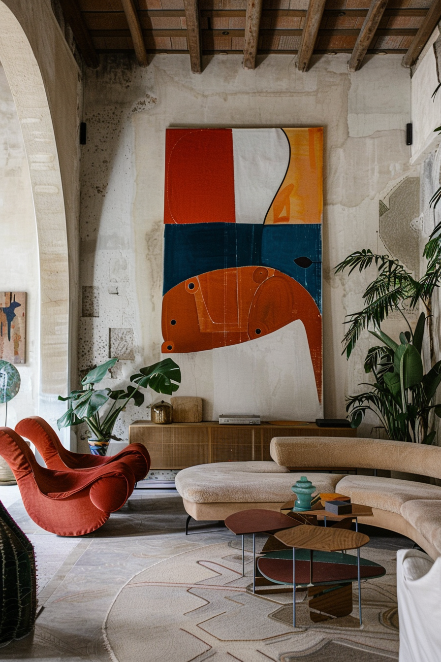 A stylish living room with modern furniture, warm tones, a large abstract painting on the wall, and lush houseplants.