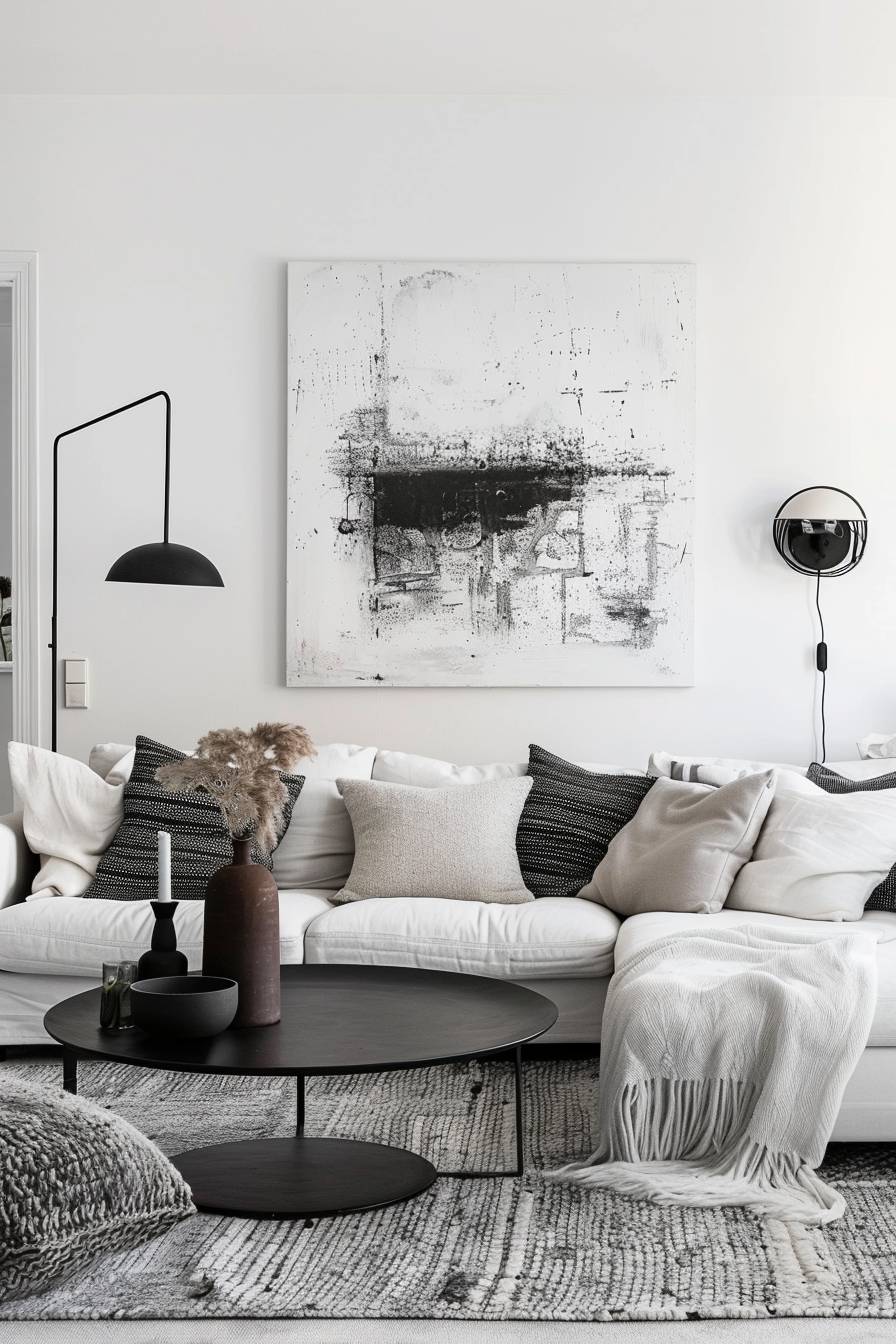 Modern living room with a white sofa, black and white cushions, a large abstract painting, and minimalist floor lamps.