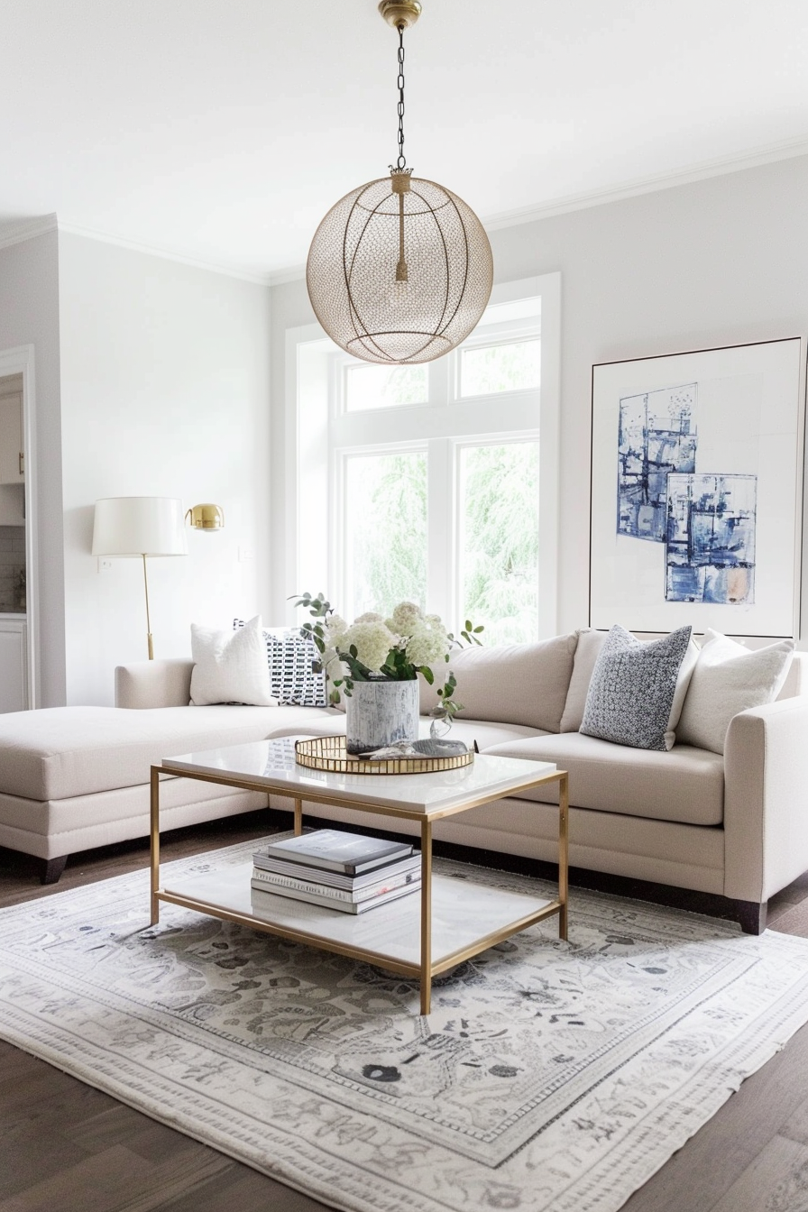 Elegant living room with white sofas, gold-trimmed coffee table, decorative pillows, artwork, and a sphere chandelier.