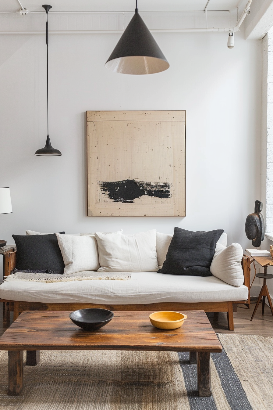 Modern living room with a white sofa, black and white pillows, wooden table, abstract wall art, and a pendant light.