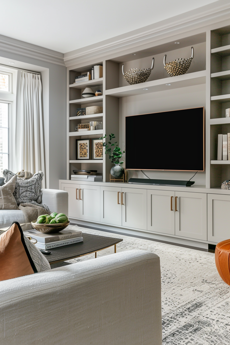 Elegant living room with built-in shelving, large TV, and stylish decor.