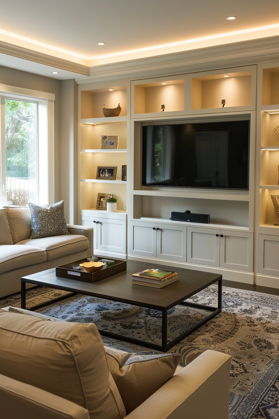 A cozy living room with a sectional sofa, built-in shelving unit featuring a TV, decorative items, and cove lighting.
