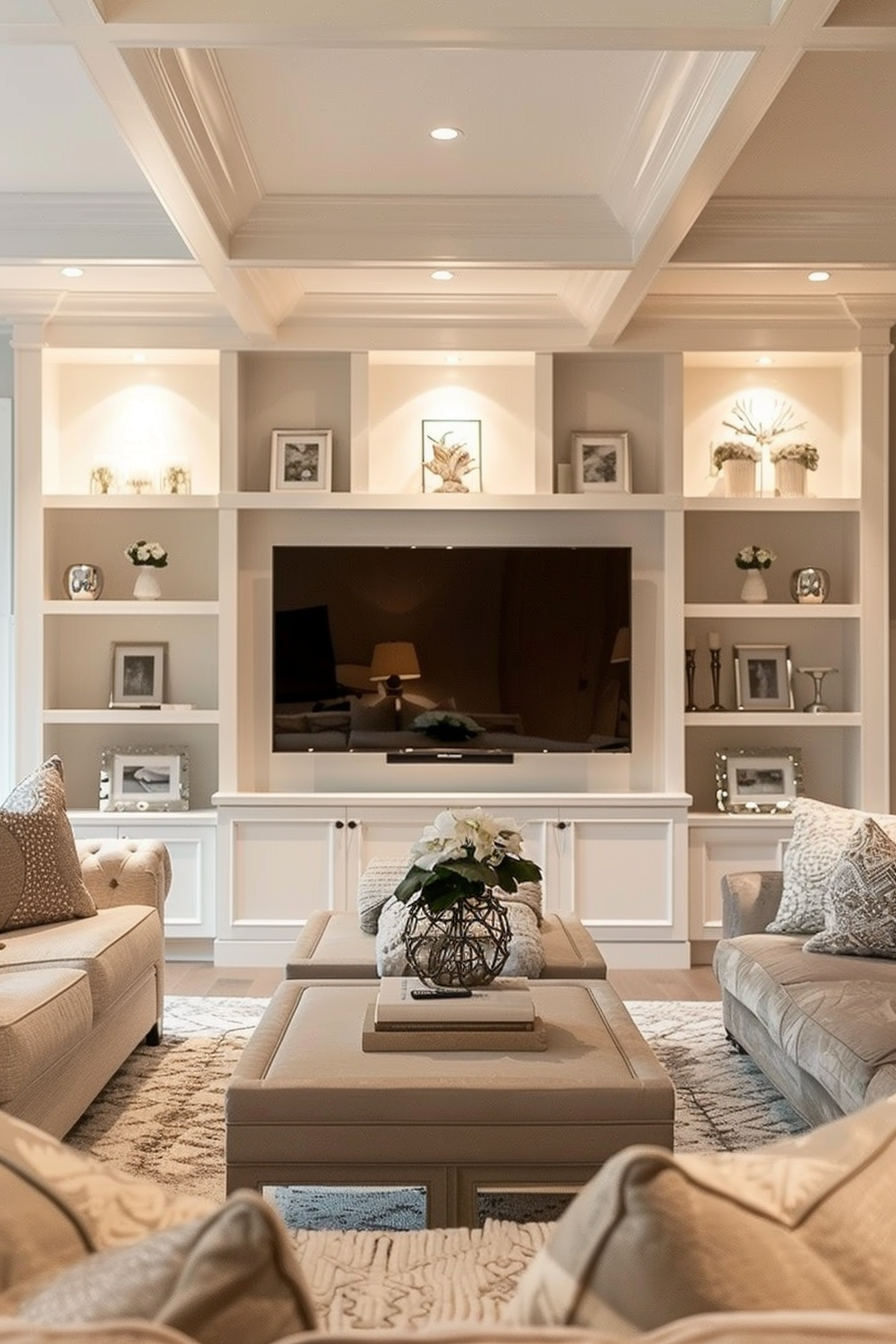 Elegant living room with neutral tones, plush seating, built-in shelves, decorative items, and a large central TV.