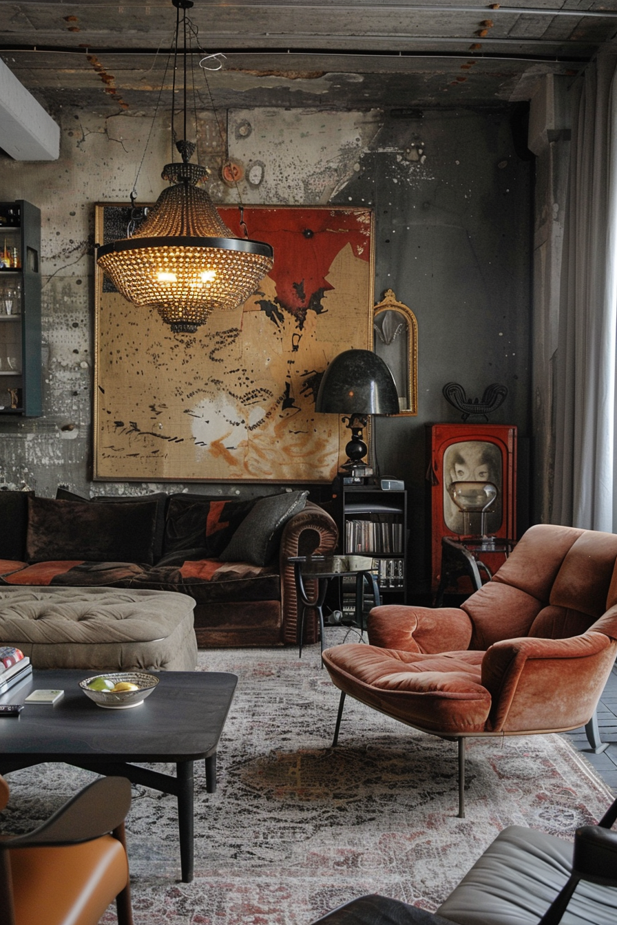 A vintage-style living room with distressed walls, map art, a chandelier, velvet chairs, and eclectic decor.