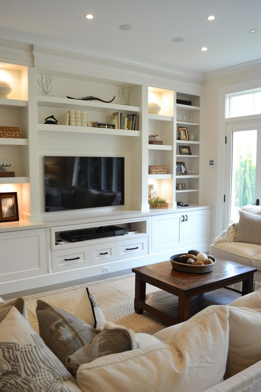 A cozy living room with a built-in white shelving unit surrounding a flat-screen TV, a sofa, and a wooden coffee table.