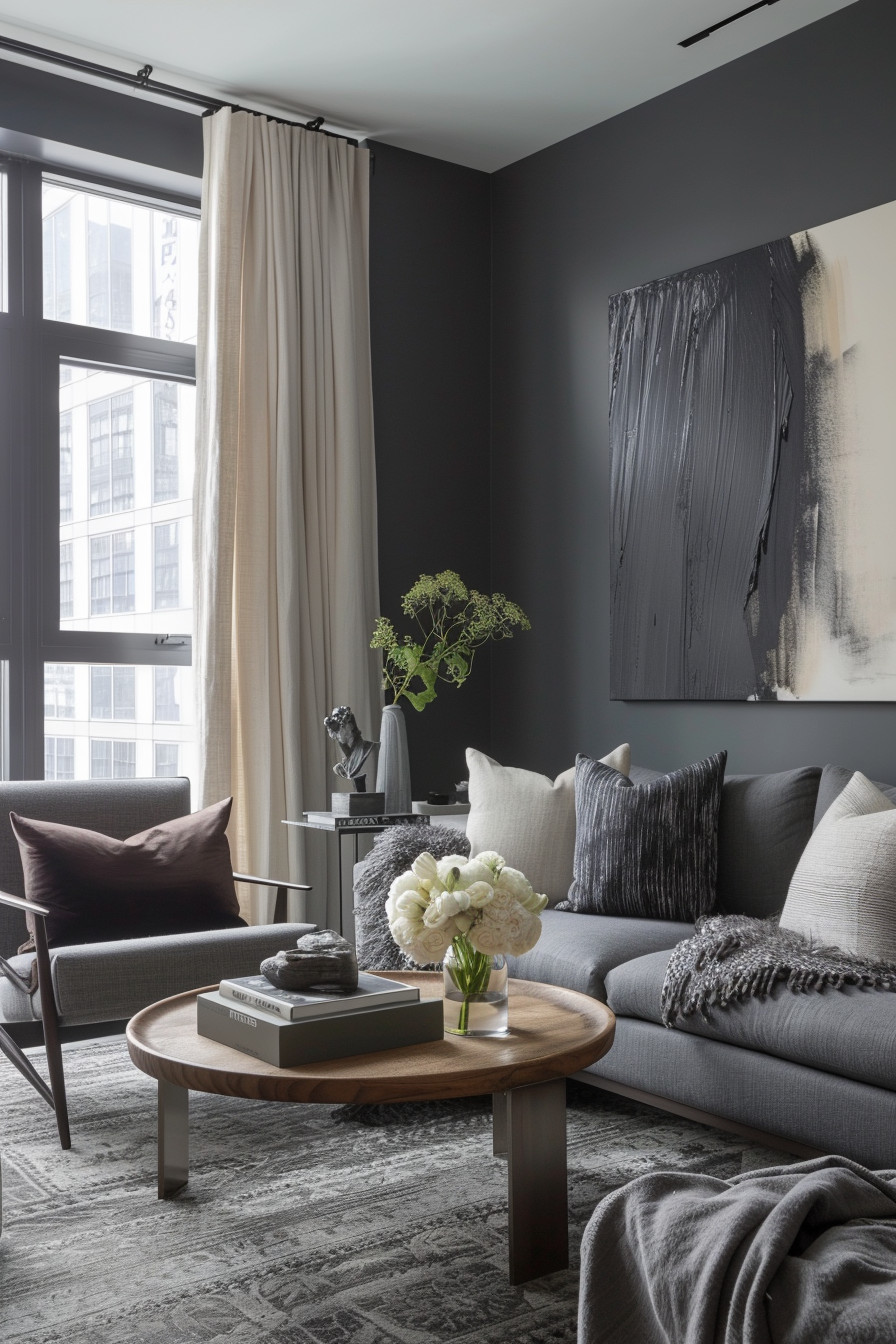 Modern living room with dark walls, gray sofa, wooden coffee table, abstract art, and urban view from window.