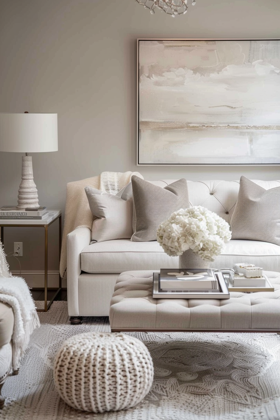 An elegant living room with neutral-toned sofa, decorative pillows, textured rug, and white flower arrangement on a coffee table.