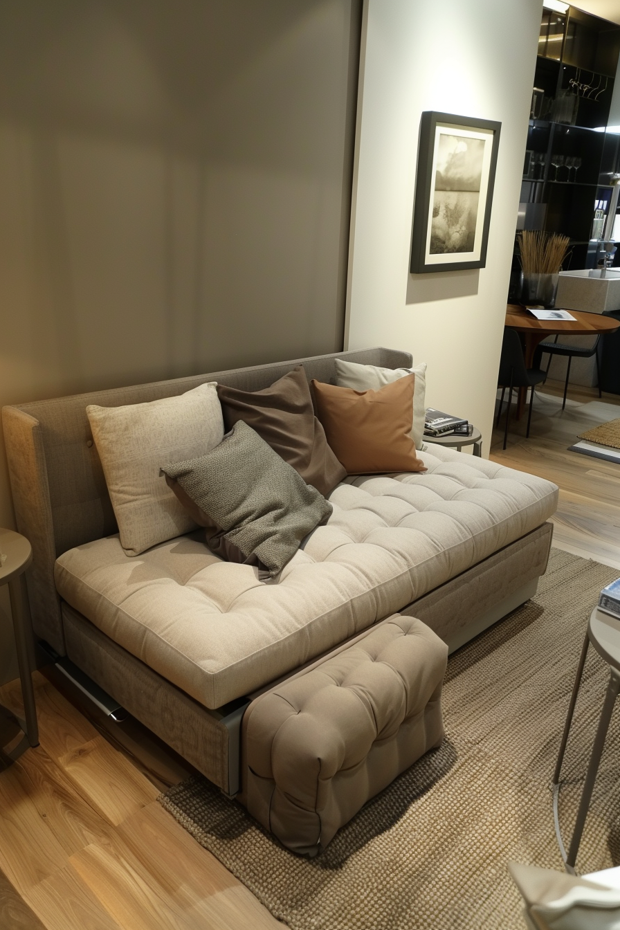 A modern beige tufted sofa with assorted cushions and a matching ottoman, positioned in a cozy living room setting.