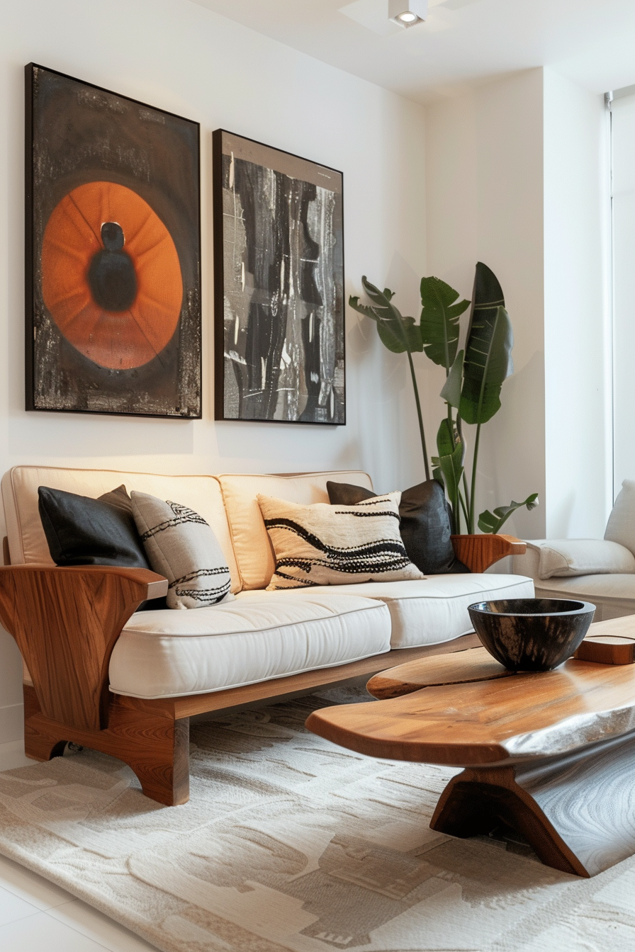 Modern living room with a white sofa, wooden furniture, decorative pillows, abstract art, and a large leafy plant.