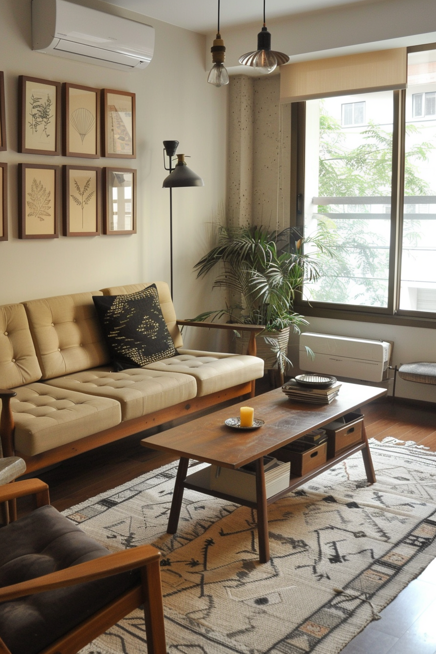 A cozy living room with a beige sofa, wooden coffee table, patterned rug, hanging lights, and a potted plant by the window.