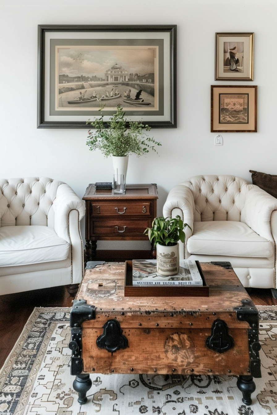 Elegant living space featuring two white tufted armchairs, a rustic wooden chest coffee table, and framed artwork on the wall.
