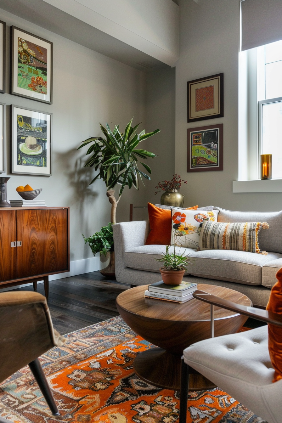 Cozy living room corner with a gray sofa adorned with colorful cushions, a wooden sideboard, art on walls, and a vibrant orange rug.