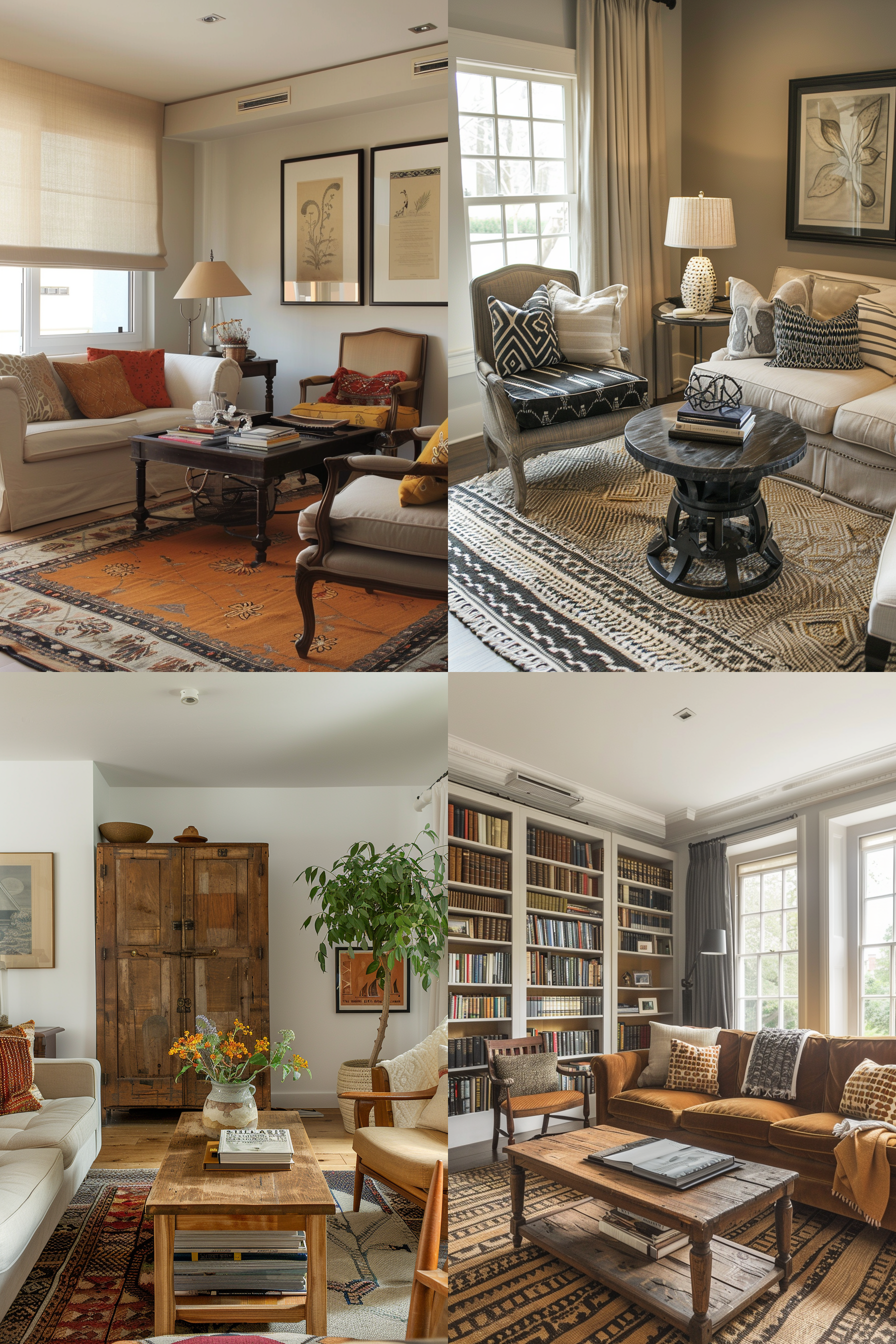 Four images of elegant living rooms with stylish furniture, area rugs, and bookshelves, showcasing diverse interior designs.