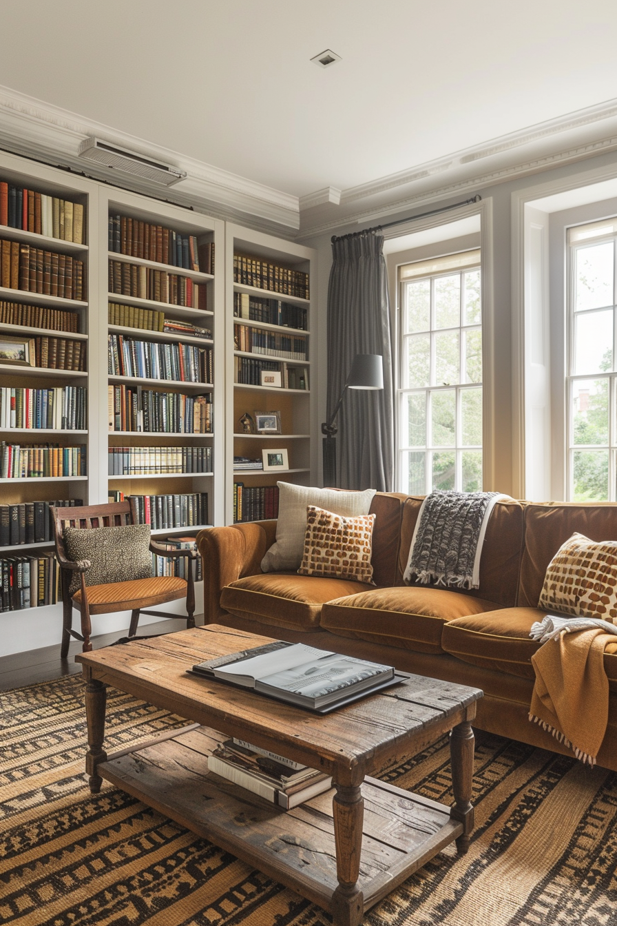 Cozy home library with brown leather sofa, rustic coffee table, patterned rug, bookshelves, and large windows with gray curtains.