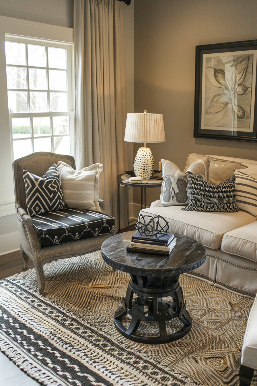 Elegant living room corner with a classic wooden armchair, cream sofa, round coffee table, decorative pillows, and a framed artwork.