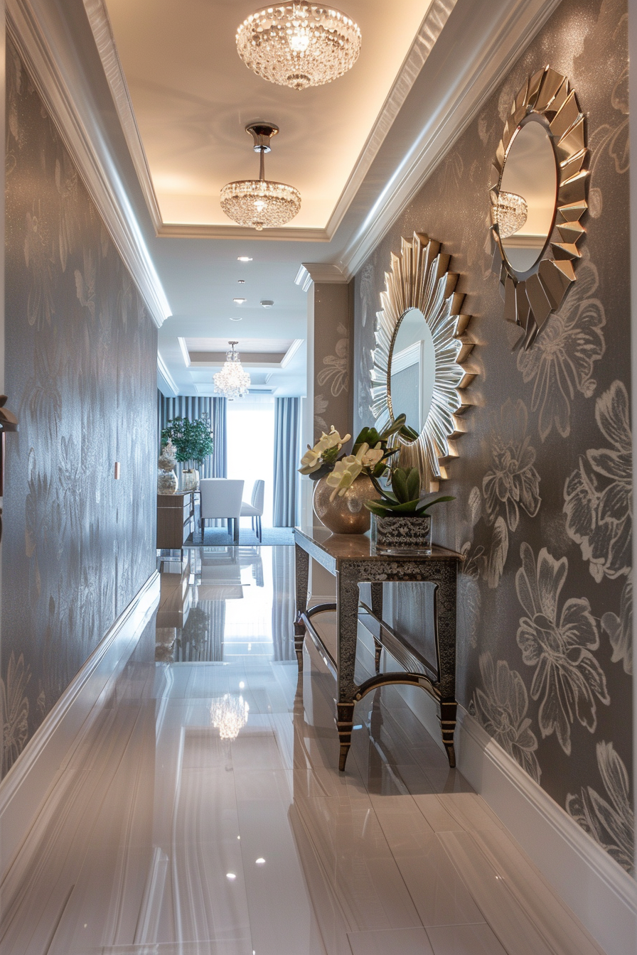 Elegant hallway interior with floral patterned wallpaper, crystal chandeliers, mirrored console table, and decorative sunburst mirrors.