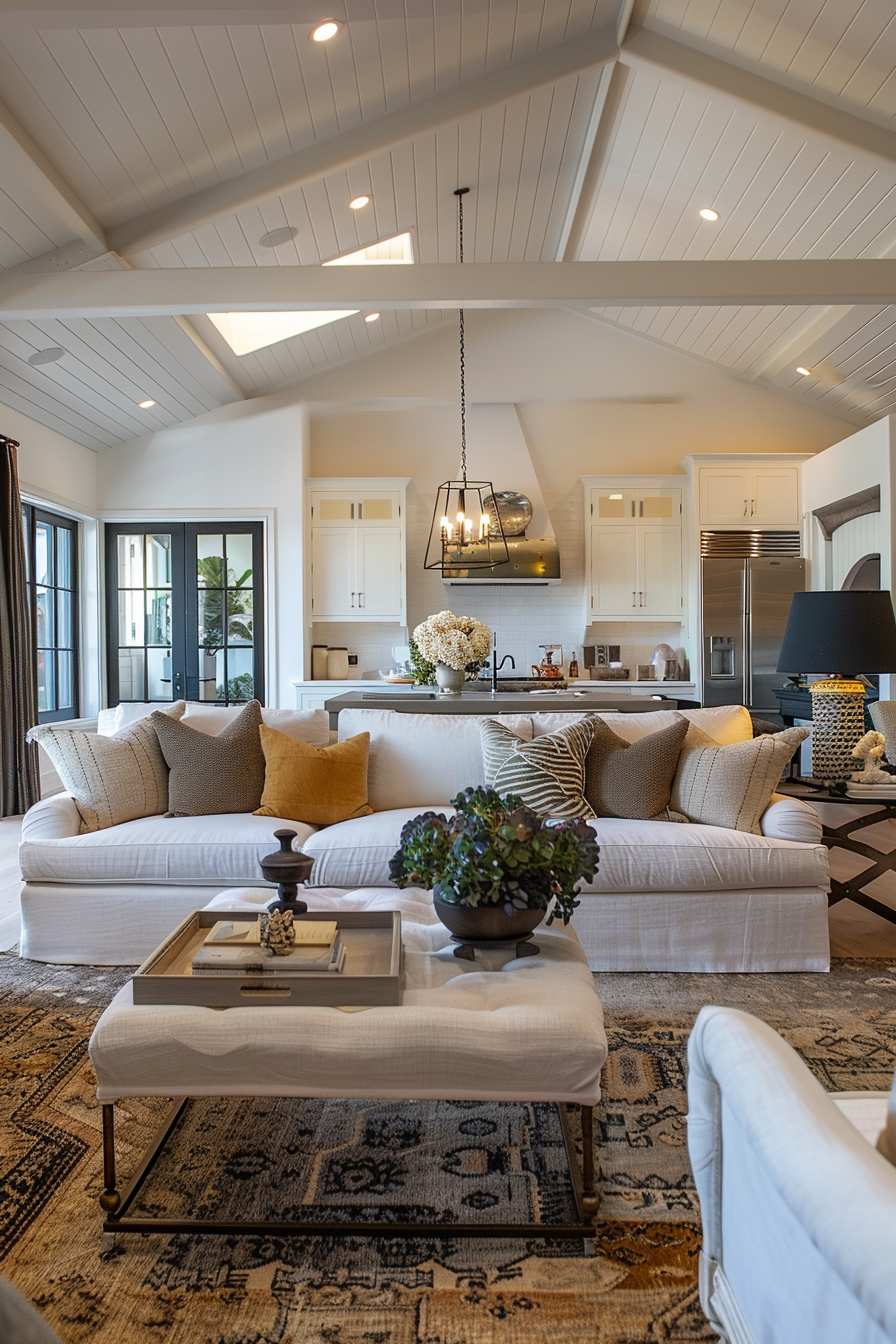 Elegant living room with white sofas, a wooden coffee table, vaulted ceiling, and adjoining modern kitchen.