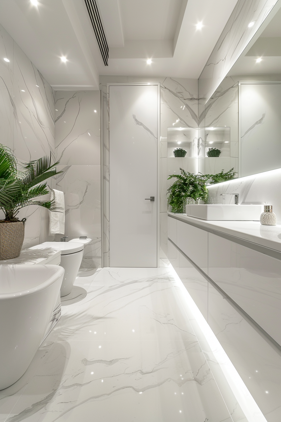 Modern bathroom interior with white marble finish, including a toilet, basin, and mirrored cabinet, accented with green plants.