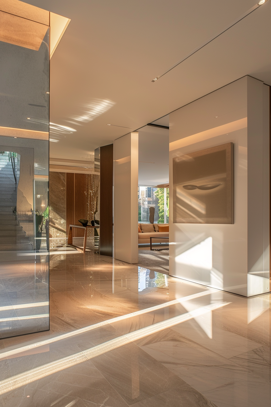 Modern interior of a luxury house with marble flooring, glass walls, and reflections of sunlight creating patterns.