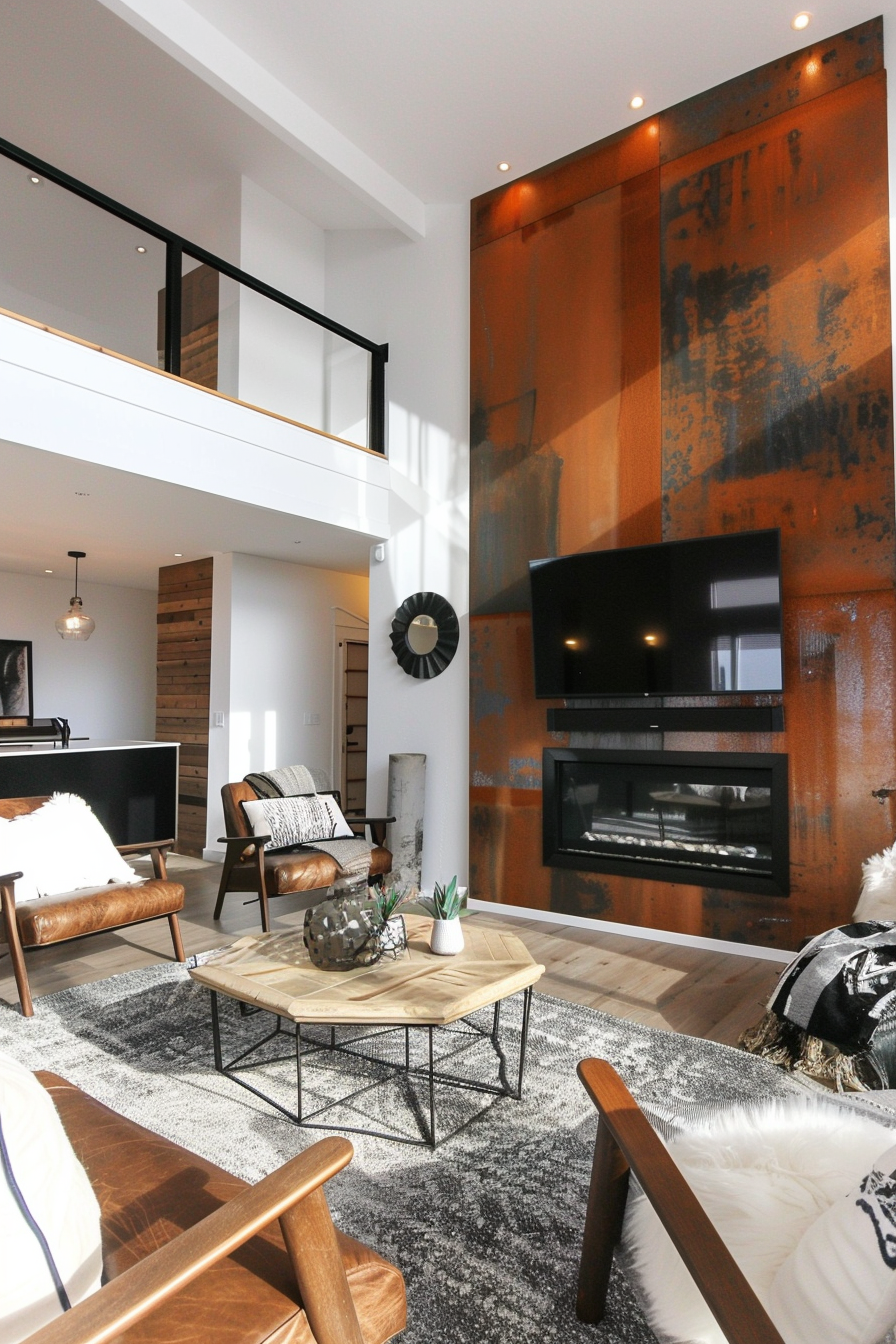 Modern living room with leather chairs, a geometric coffee table, a distressed orange accent wall, a fireplace, and an upstairs railing.