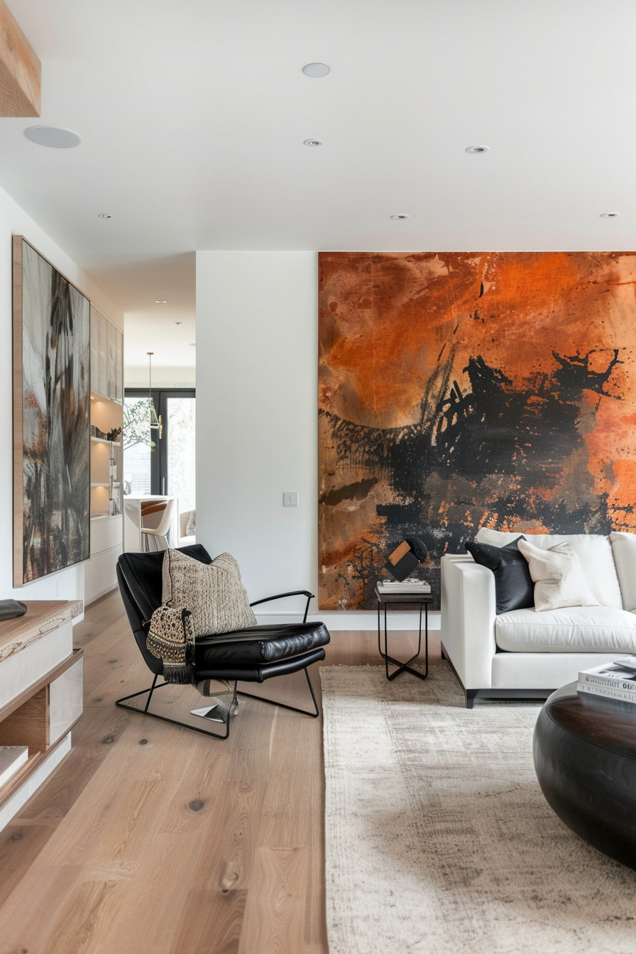Modern living room interior with large abstract wall art, a black leather chair, white couch, and wooden flooring.