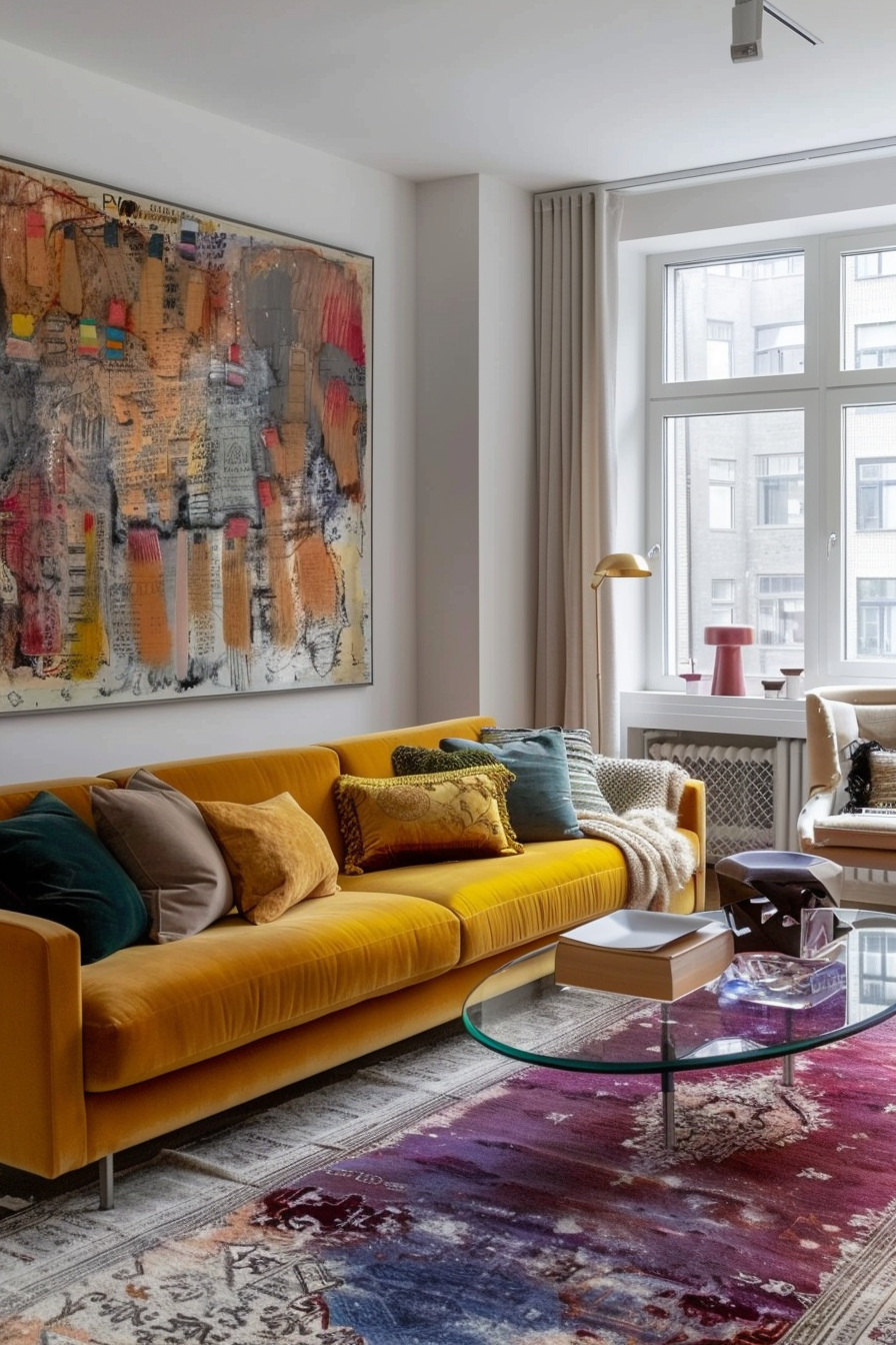 Cozy living room with a vibrant yellow sofa, colorful abstract art, a glass coffee table, and a patterned rug.