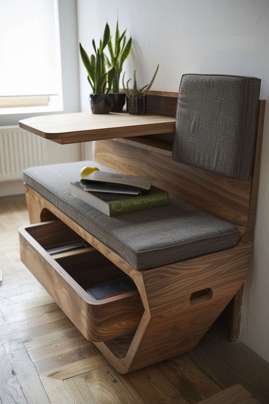 Modern wooden desk with open storage compartments, a grey cushioned chair, plants, and books in a bright room.
