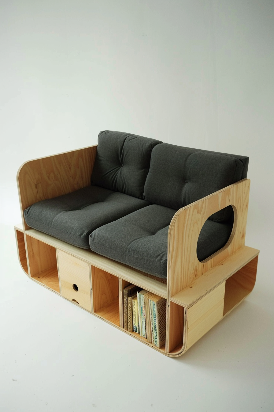 Modern wooden couch with grey cushions and integrated shelving full of books on one side.
