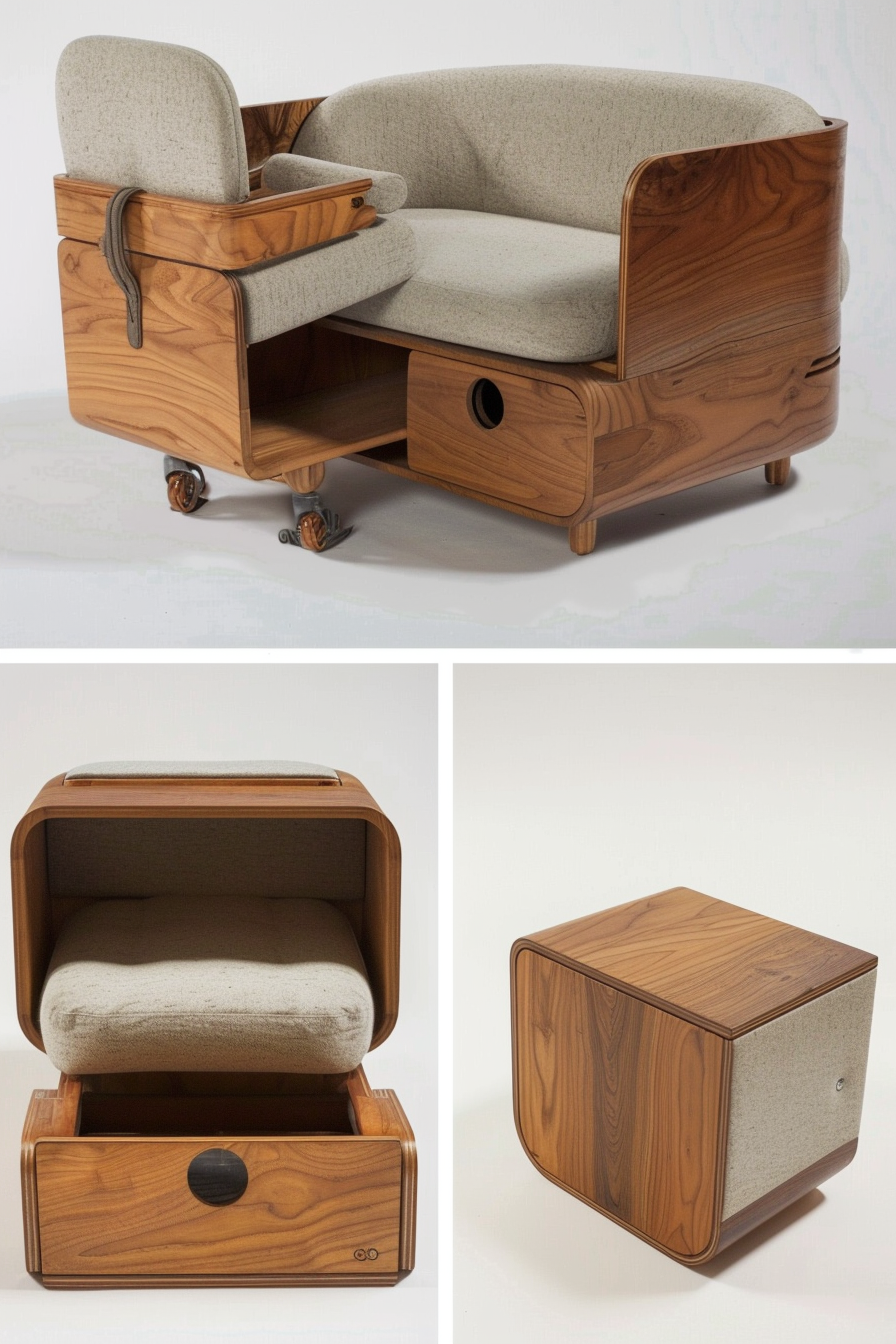 ALT: Multi-functional furniture piece that transforms from a wooden armchair with storage to a compact cube on wheels.