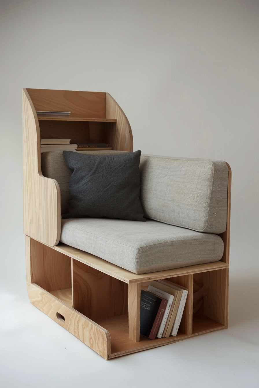 Modern multifunctional furniture piece combining a cozy beige sofa with built-in wooden shelving for books and accessories.