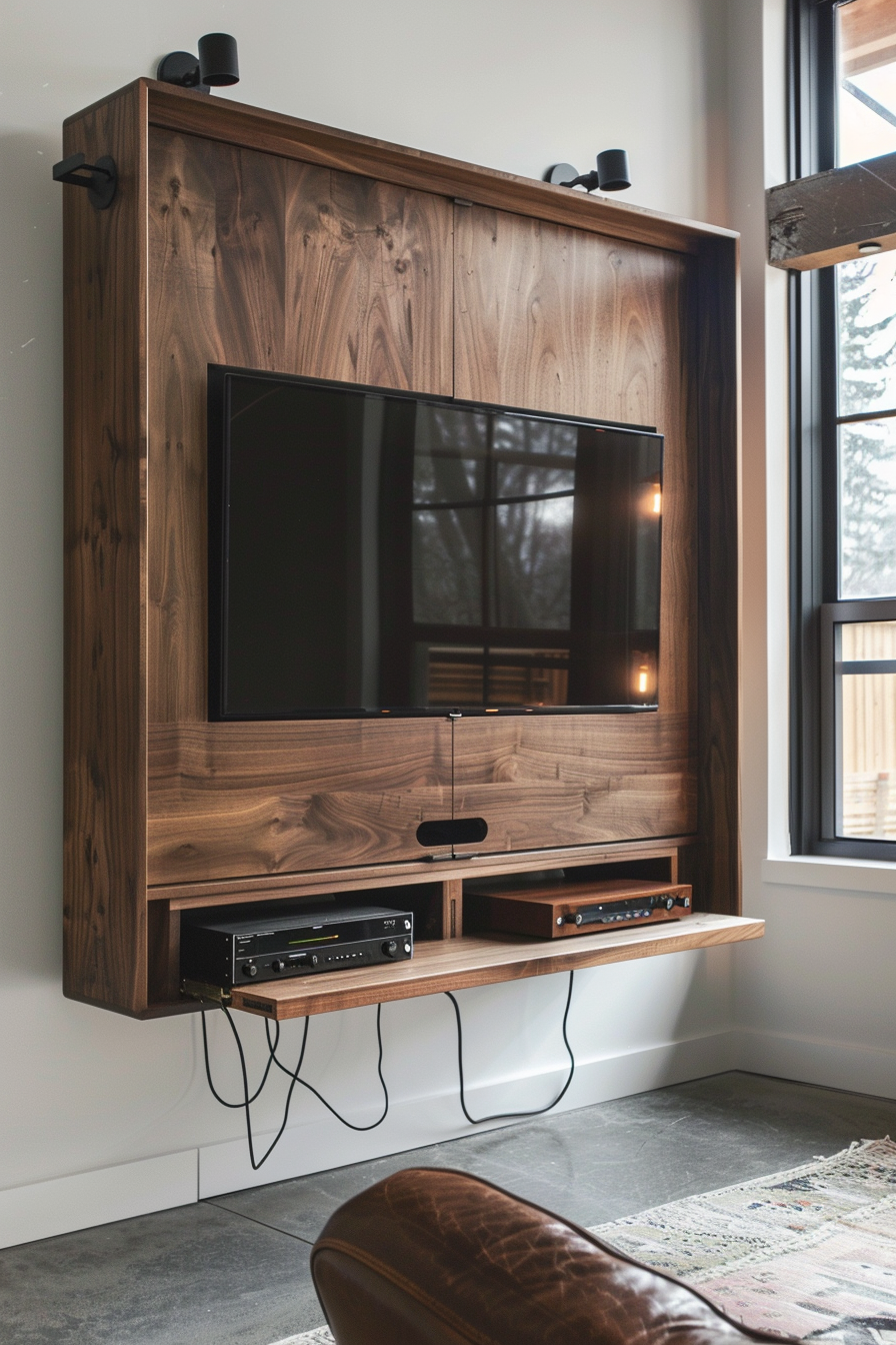 A modern flat-screen TV mounted on a wooden feature wall with shelves holding electronic devices and speakers, in a cozy room with a large window.