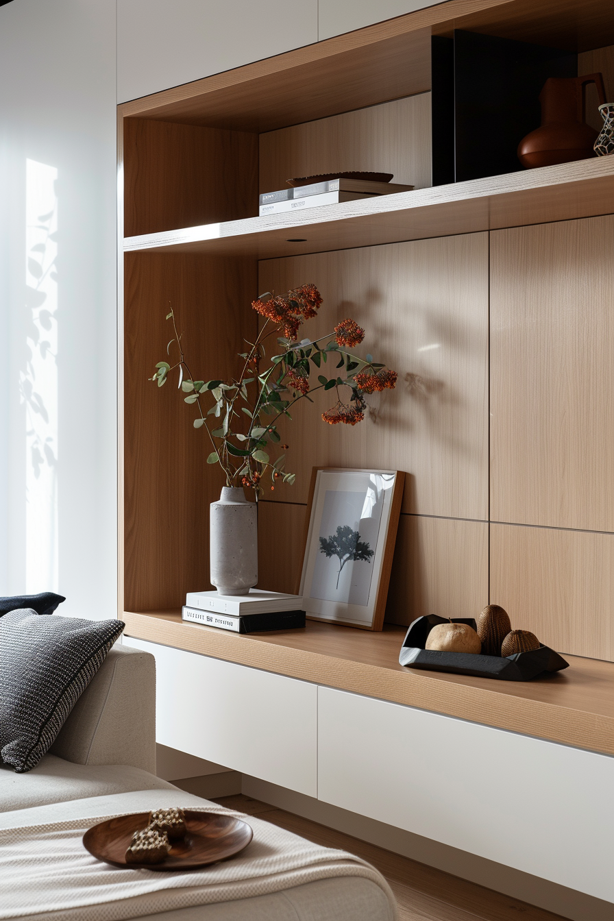 Modern living room shelving with decorative items, books, and a plant, with soft lighting and neutral tones.