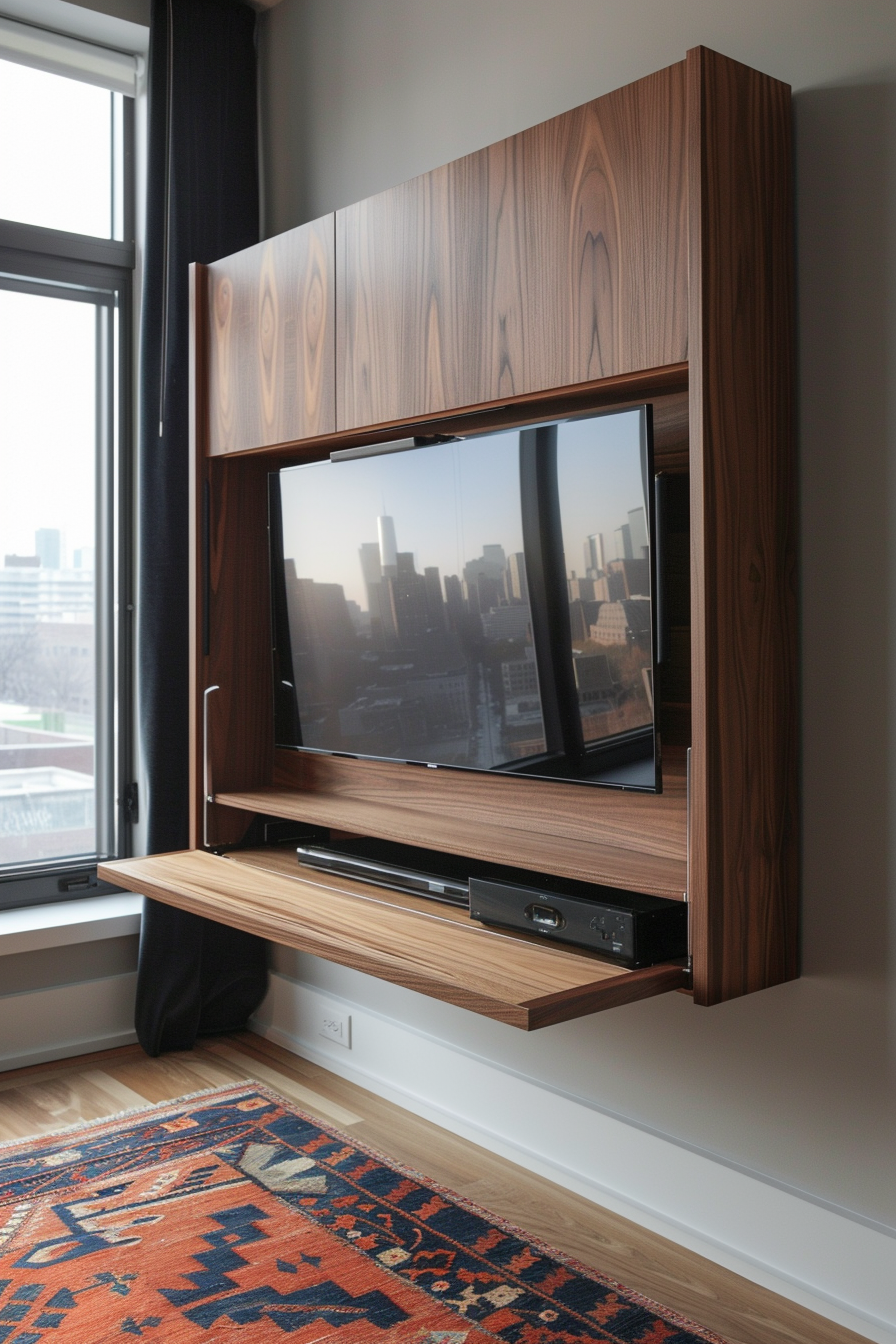 ALT text: A modern wooden wall-mounted TV cabinet with a flat-screen TV reflecting a cityscape, positioned above a colorful patterned rug in a well-lit room.