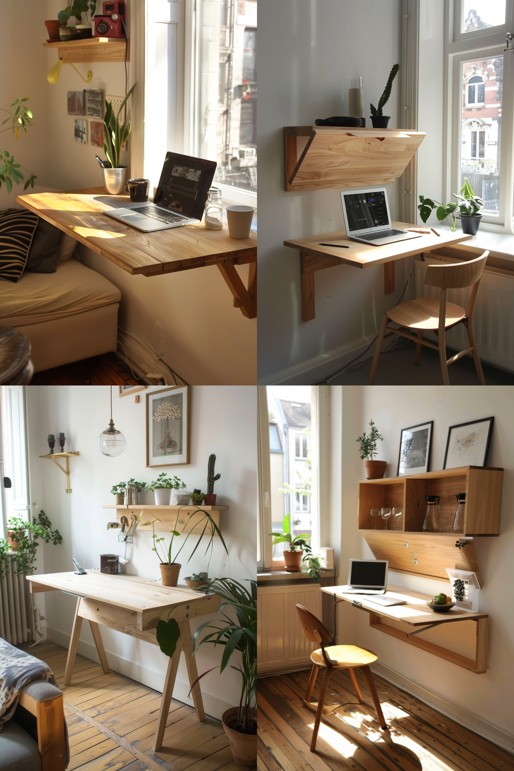 Four images of space-saving wall-mounted wooden desks in various fold-out designs, set in sunny, plant-decorated rooms.