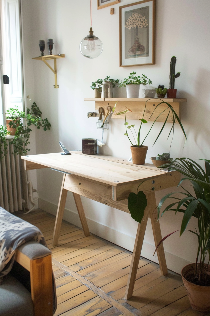A cozy home interior with wooden desk, houseplants, and a vintage pendant light over a herringbone floor.