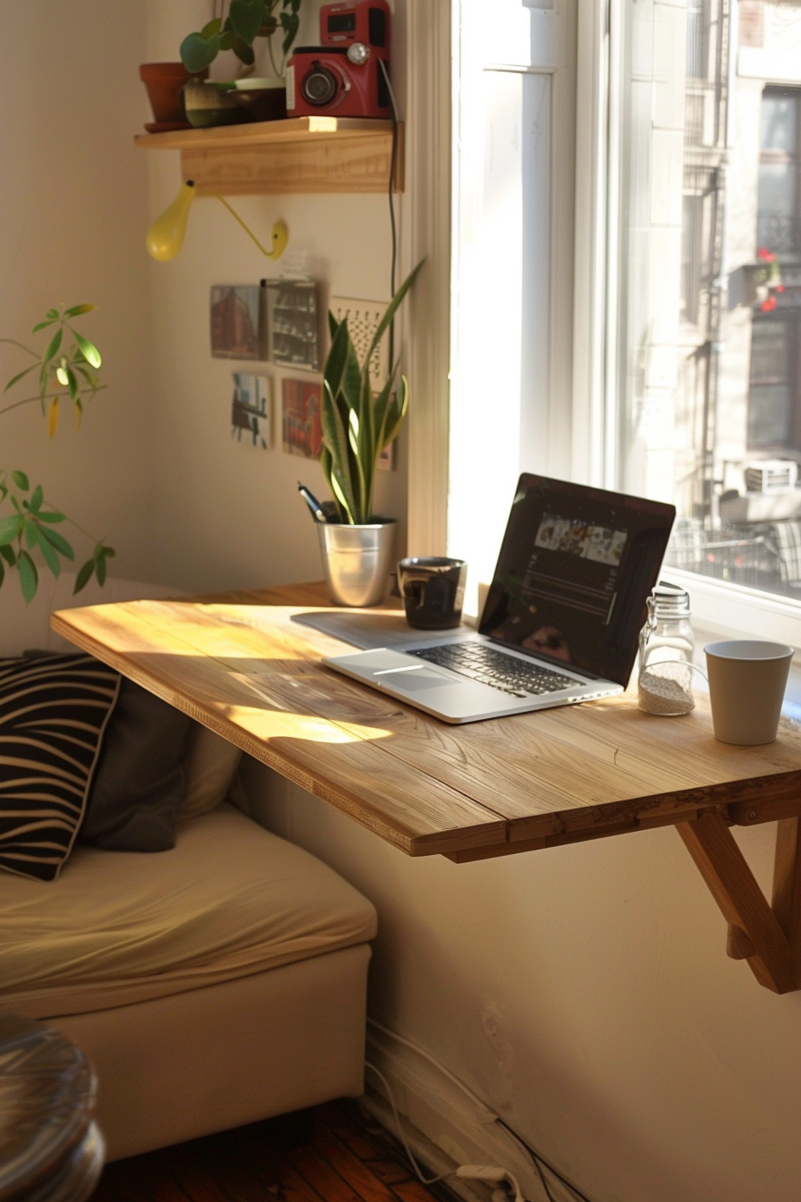 ALT: Cozy home office corner with a wooden floating desk, a laptop, coffee cup, and plant under soft sunlight by a window.