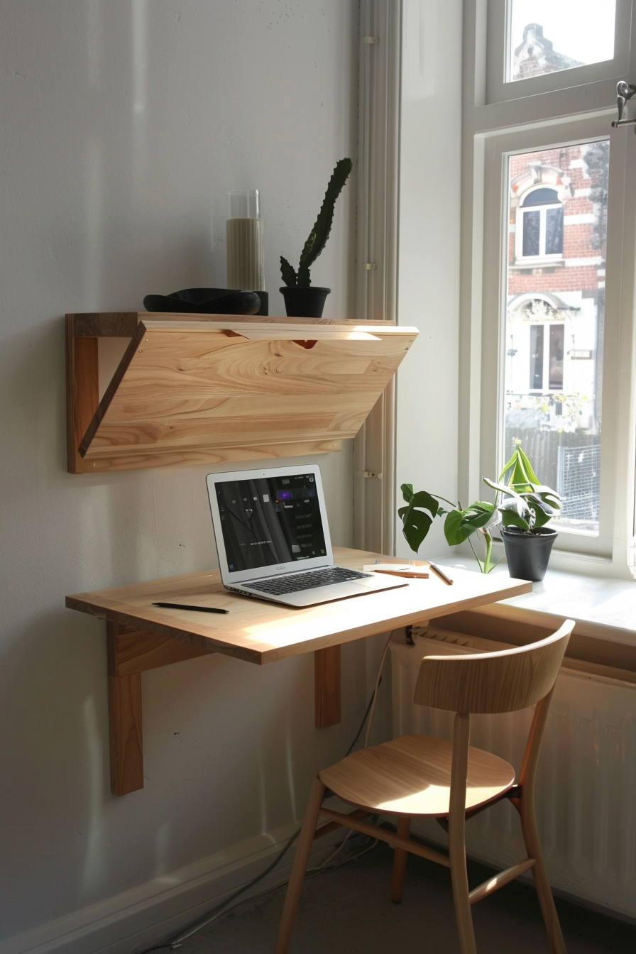 ALT: A cozy workspace with a wooden desk and chair, laptop open, potted plants on the windowsill and a wall-mounted shelf above.