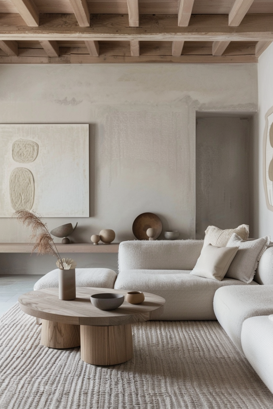 Minimalist living room with neutral tones, textured sofa, wooden beam ceiling, abstract art, and simple decor.
