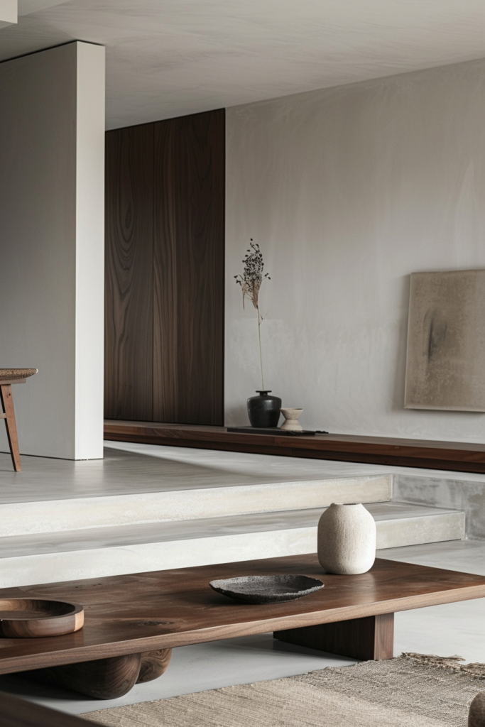 ALT: Minimalist living room interior with wooden furniture, neutral tones, simple decor, and a focus on clean lines and textures.