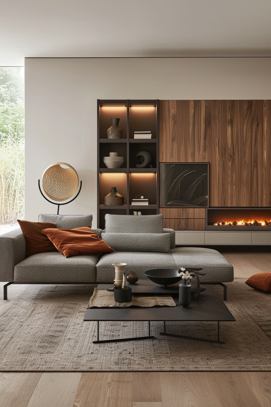 Modern living room with a grey sectional sofa, wooden shelving, decorative fireplace, and minimalistic decor.