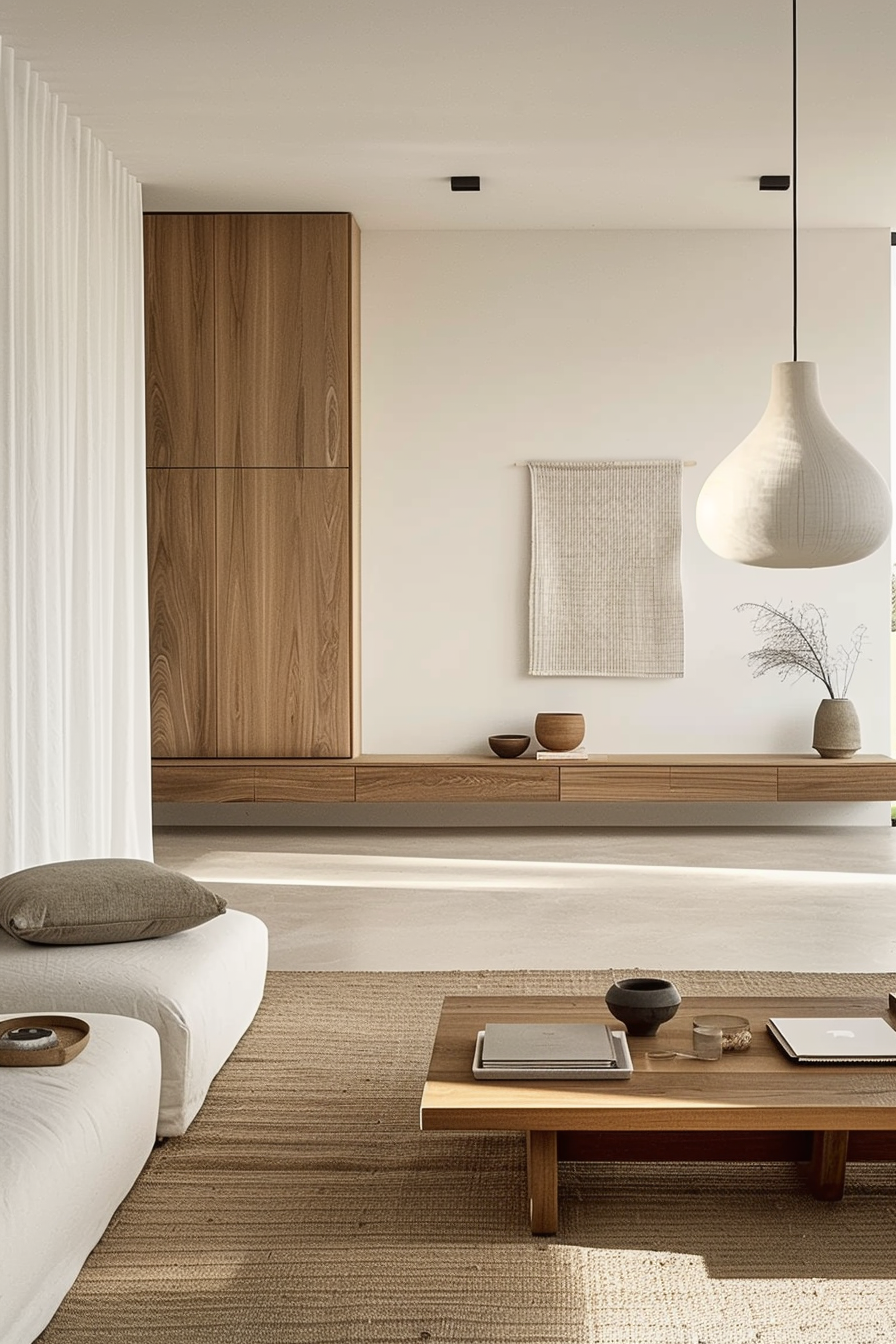 Modern minimalist living room with wooden furniture, pendant light, and neutral tones.