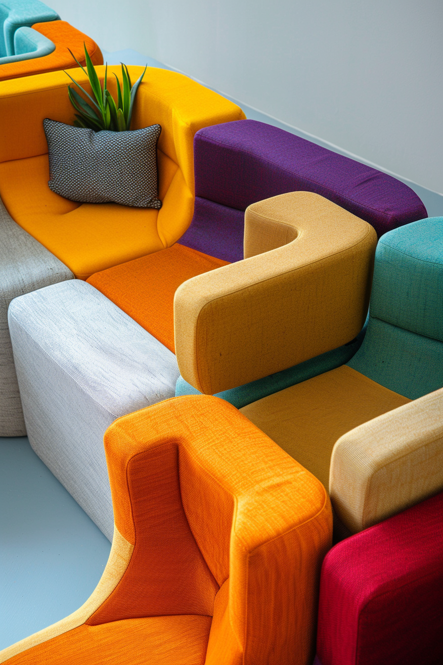 A vibrant modular sofa with sections in yellow, purple, grey, orange, gold, teal, and red, with a patterned cushion and a plant.