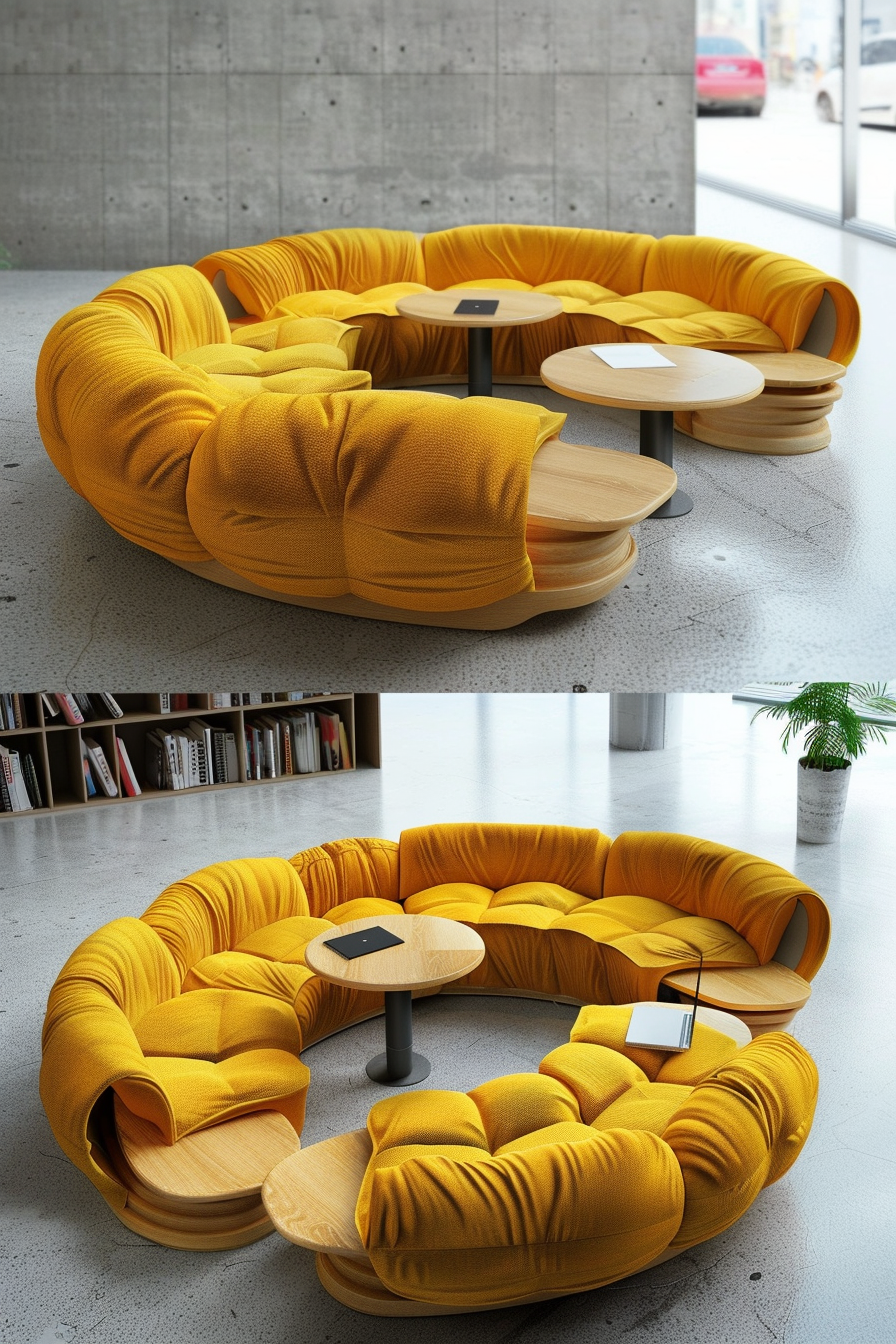 A stylish yellow circular modular sofa with integrated wooden tables in a modern room with a concrete wall and large window.