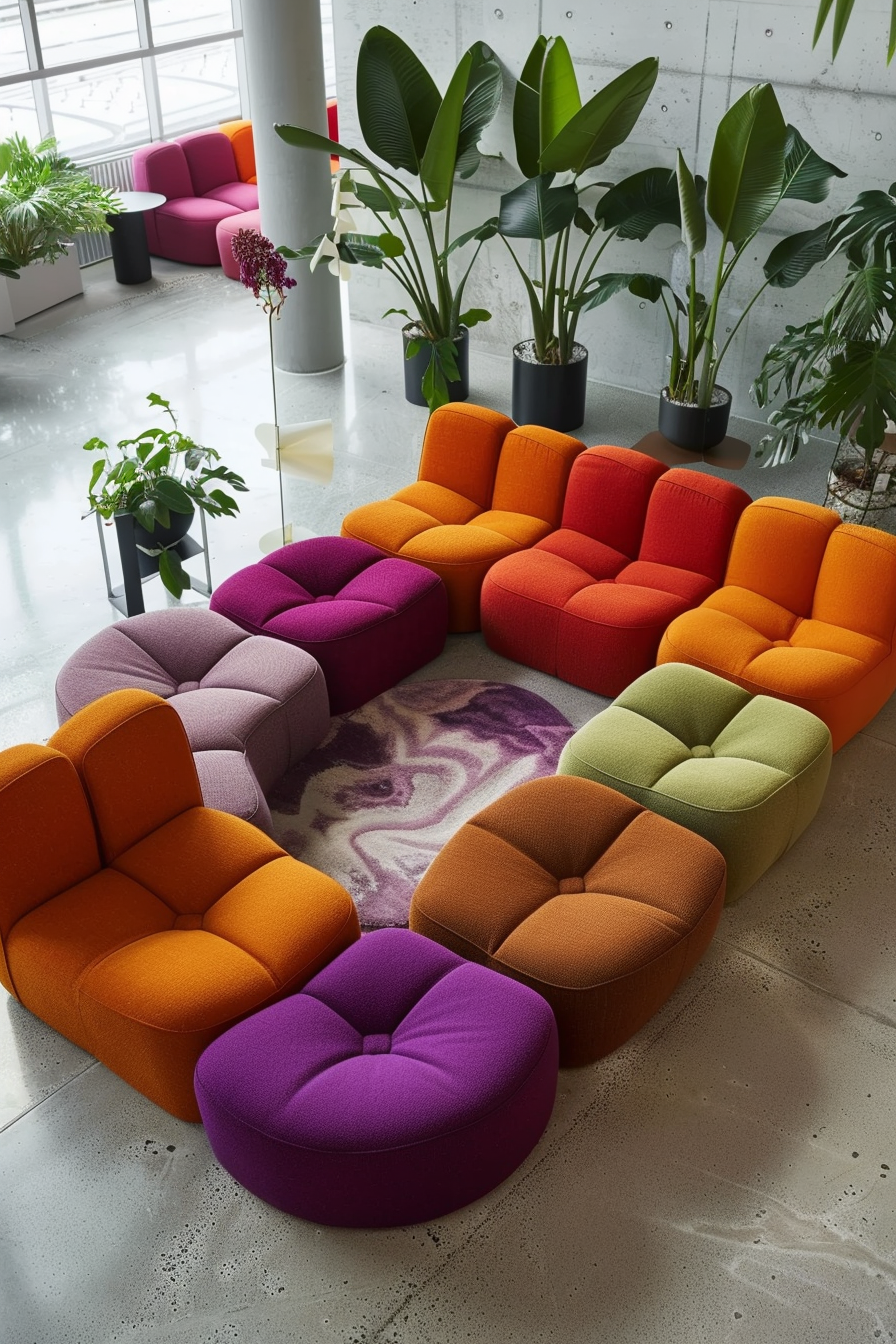 Colorful modular sofas arranged in a modern lobby with large potted plants and a polished concrete floor.