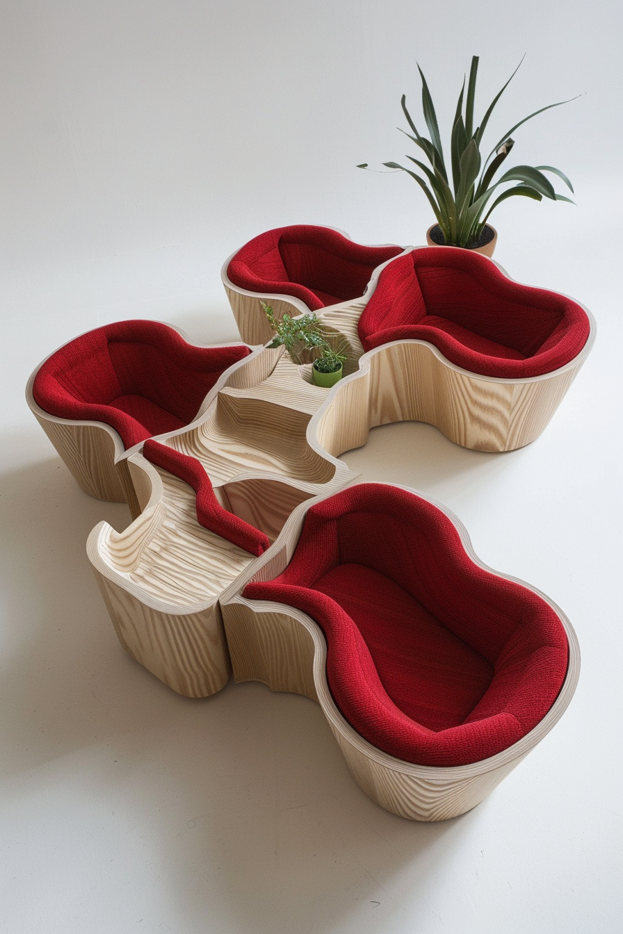 Modern wooden modular furniture with red upholstery, containing small green plants.