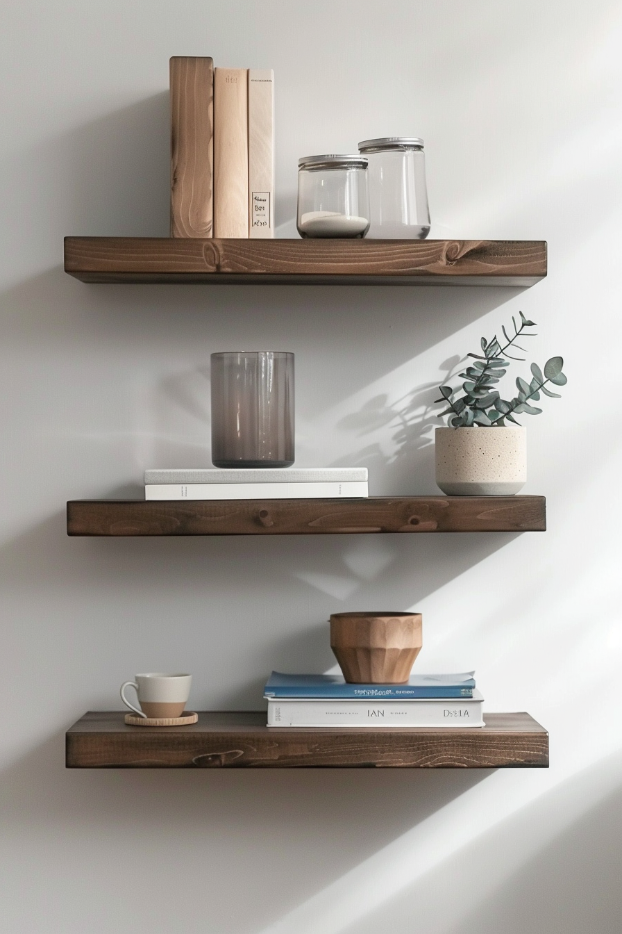 Three wooden shelves on a wall with books, jars, a plant, and decorative items displayed in a minimalist style.
